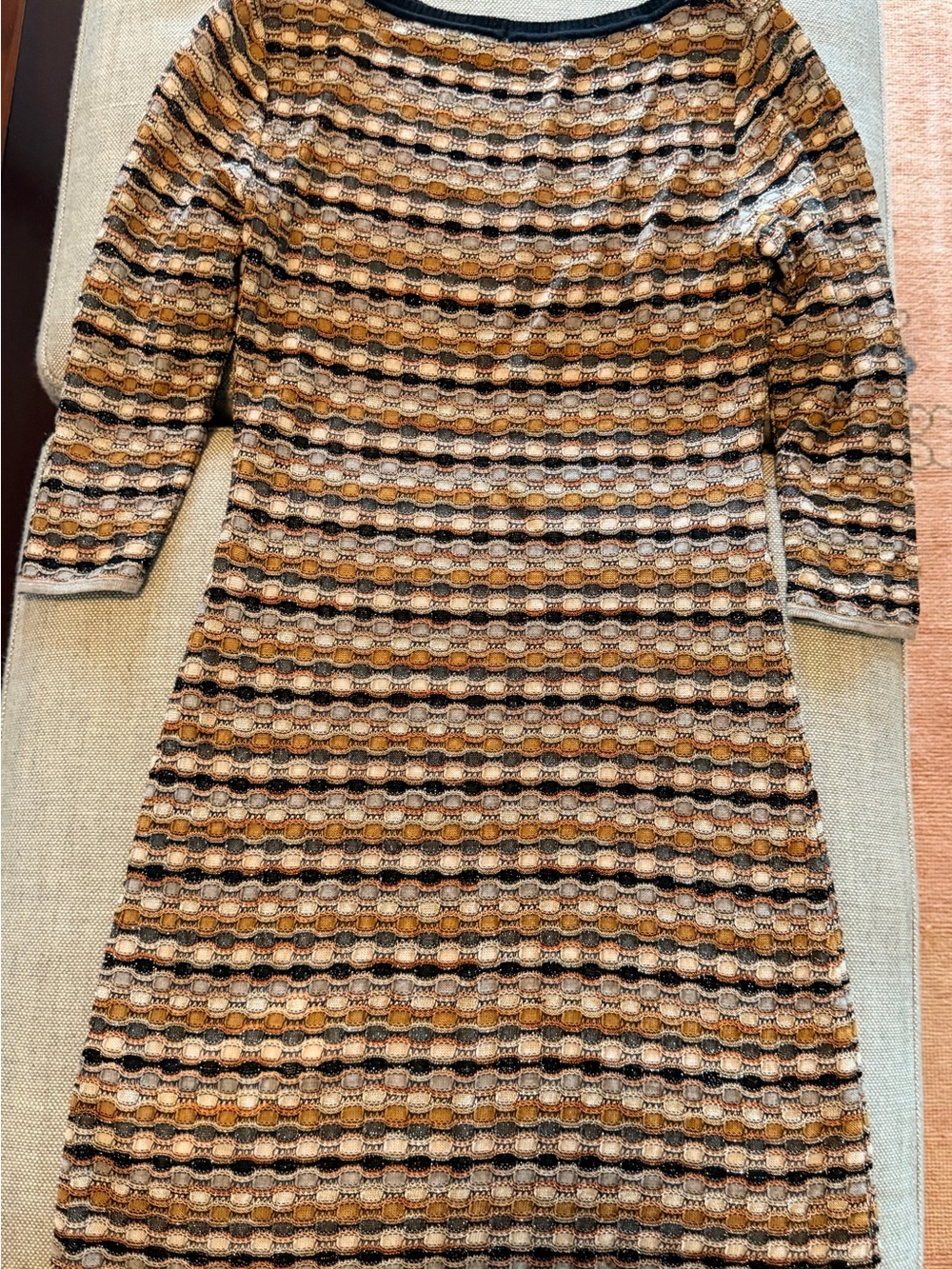 M by Missoni Striped Knit Long Sleeve Dress in Mustard, Black and Cream